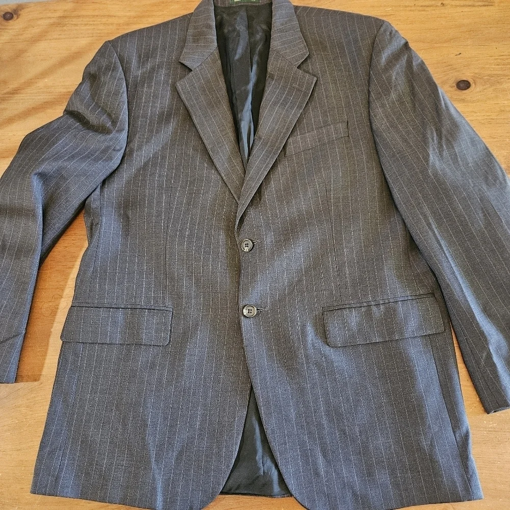 Lauren Ralph Lauren 100% Wool 2 Button Charcoal Pinstripe Jacket Made in Canada